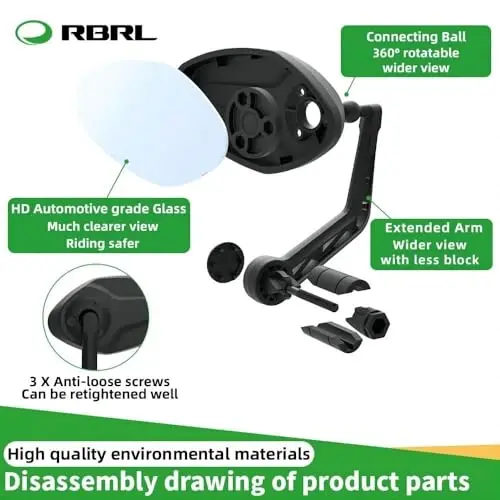 RBRL Bike Mirror Bar End Bike Mirror, Rotatable Bicycle Mirror, Automotive Grade Glass Bike Side Mirrors, Scratch Resistant E-Bike Universal Rearview Mirrors for Mountain bike (Left) - 5