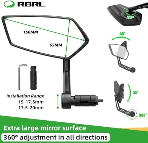 RBRL Bisiklet Aynası Direksiyon Ucu Aynası, Döner Bisiklet Aynası, Otomotiv Sınıfı Cam Bisiklet Yan Aynaları, Çizilmeye Dayanıklı E-Bisiklet Evrensel Dikiz Aynaları Dağ Bisikleti İçin (Direksiyon Ucu-Bir Set) 