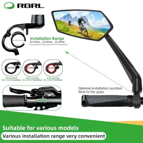 RBRL Bisiklet Aynası Döndürülebilir HD Kristal Netliğinde Cam Bisiklet Aynaları Gidon Dikiz Aynası, Elektrikli Bisiklet için Daha Geniş Görüşlü Bisiklet Aynaları, Çizilmeye Dayanıklı Bisiklet Dikiz Aynası (Gidon-Çift) - 2