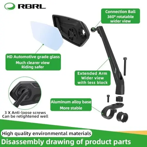 RBRL Bisiklet Aynası Döndürülebilir HD Kristal Netliğinde Cam Bisiklet Aynaları Gidon Dikiz Aynası, Elektrikli Bisiklet için Daha Geniş Görüşlü Bisiklet Aynaları, Çizilmeye Dayanıklı Bisiklet Dikiz Aynası (Gidon-Çift) - 6