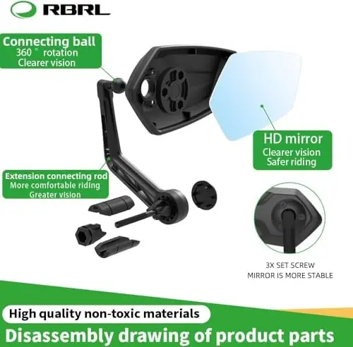 RBRL Bisiklet Aynası Gidon Ucu Bisiklet Aynası, Dönebilen Bisiklet Aynası, Otomotiv Sınıfı Cam Bisiklet Yan Aynaları, Çizilmeye Dayanıklı E-Bisiklet Evrensel Dikiz Aynaları Dağ bisikleti için (Sağ) 