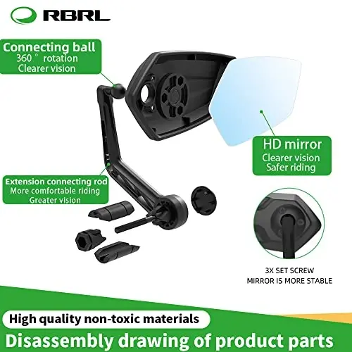 RBRL Bike Mirror Bar End Bike Mirror, Rotatable Bicycle Mirror, Automotive Grade Glass Bike Side Mirrors, Scratch Resistant E-Bike Universal Rearview Mirrors for Mountain bike (Right) - 2