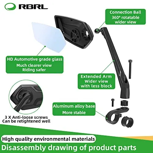 RBRL Velosiped oynasi Aylanadigan HD Kristall toza oynali Velosiped oynalari Rulning orqa ko'rinish oynasi, elektr velosiped uchun kengroq ko'rinishli velosiped oynalari, chizishga chidamli velosiped orqa ko'rinish oynasi (Rul-juft) - 6