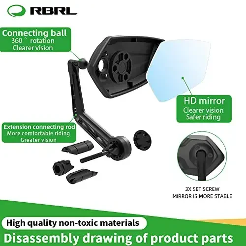 RBRL Velosiped oynasi Bar End Velosiped oynasi, Aylanadigan Velosiped oynasi, Avtomobil darajasidagi shisha Velosiped yon oynalari, Tirnalishga chidamli E-velosiped tog' velosipedi uchun universal orqa ko'rinish oynalari (o'ng) - MODAZONE (1)