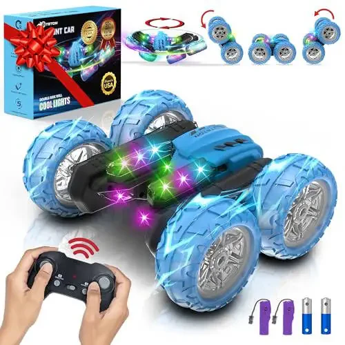 RC Stunt Car Double Sided roll,360°Rotation Remote Control Car-Colourful Light wheels,All Terrain Monster rc crawler 4WD,Rechargeable toy for 6-12 Year Old Boys Girls Birthday Gift (blue) - 1