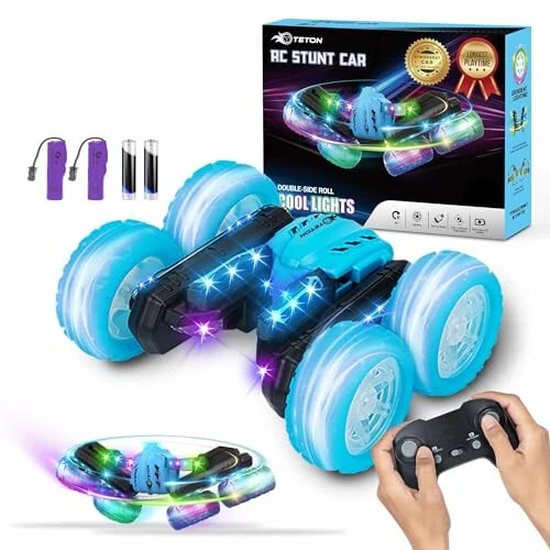 RC Stunt Car Double Sided roll,360°Rotation Remote Control Car-Colourful Light wheels,All Terrain Monster rc crawler 4WD,Rechargeable toy for 6-12 Year Old Boys Girls Birthday Gift (blue) - RC (1)