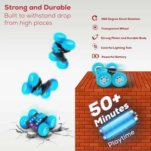 RC Stunt Car Double Sided roll,360°Rotation Remote Control Car-Colourful Light wheels,All Terrain Monster rc crawler 4WD,Rechargeable toy for 6-12 Year Old Boys Girls Birthday Gift (blue) - 8