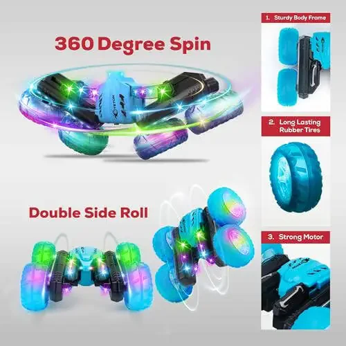 RC Stunt Car Double Sided roll,360°Rotation Remote Control Car-Colourful Light wheels,All Terrain Monster rc crawler 4WD,Rechargeable toy for 6-12 Year Old Boys Girls Birthday Gift (blue) - 10
