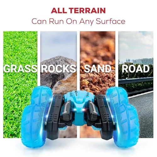 RC Stunt Car Double Sided roll,360°Rotation Remote Control Car-Colourful Light wheels,All Terrain Monster rc crawler 4WD,Rechargeable toy for 6-12 Year Old Boys Girls Birthday Gift (blue) - 6