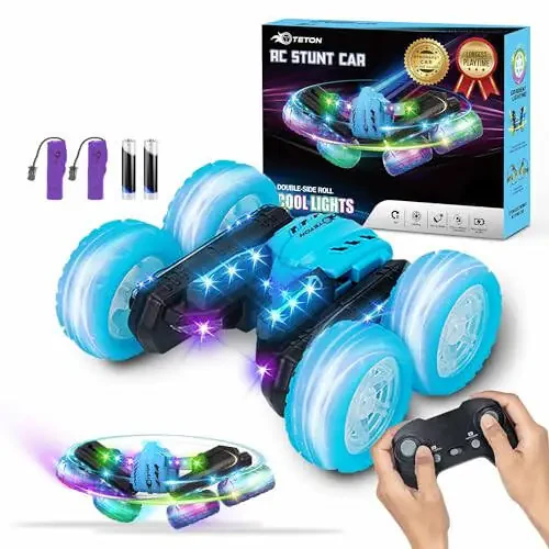 RC Stunt Car Double Sided roll,360°Rotation Remote Control Car-Colourful Light wheels,All Terrain Monster rc crawler 4WD,Rechargeable toy for 6-12 Year Old Boys Girls Birthday Gift (blue) - 2