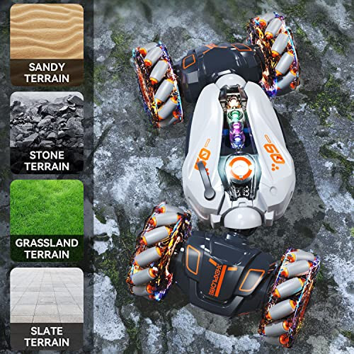 RC Stunt Araba, 2.4GHz 4WD Uzaktan Kumandalı Jest Algılama Oyuncak Arabalar, Çift Yönlü Sürüş, 360 ° Dönüş, Off Road Aracı, El Kumandalı RC Araba Işıklar ve Müzik ile, Erkek ve Kız Çocuklar İçin Doğum Günü Hediyeleri (Gri) - 6