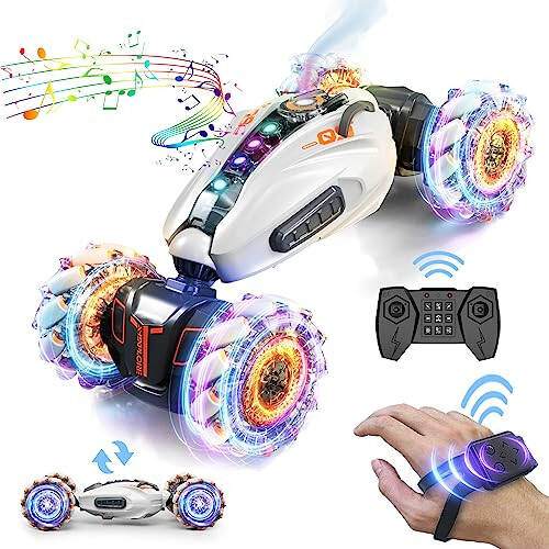 RC Stunt Car, 2.4GHz 4WD Remote Control Gesture Sensing Toy Cars, Double Sided Driving, 360 °Rotation, Off Road Vehicle, Hand Controlled RC Car with Lights&Music, Birthday Gifts for Boys&Girls (Gray) - 1