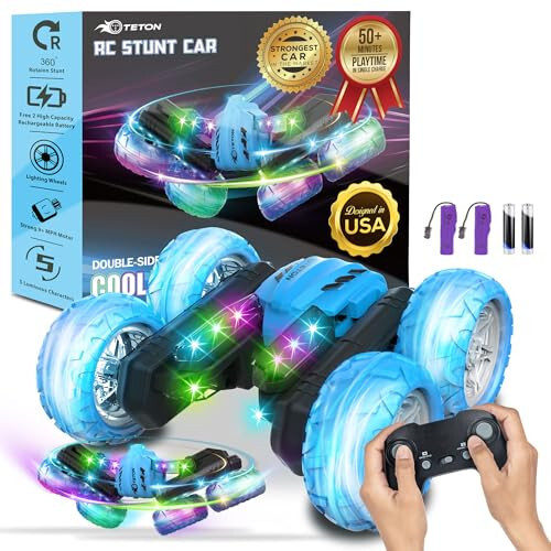 RC Stunt Car Double Sided roll, 360°Rotating Teton Remote Control Car-LED Headlights and New Colourful Light Wheels, All Terrain 4WD, Rechargeable Toy Cars for 6-12 Year Boys Girls Birthday Gift - 4