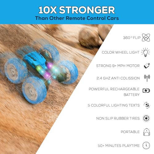 RC Stunt Car Double Sided roll, 360°Rotating Teton Remote Control Car-LED Headlights and New Colourful Light Wheels, All Terrain 4WD, Rechargeable Toy Cars for 6-12 Year Boys Girls Birthday Gift - 5