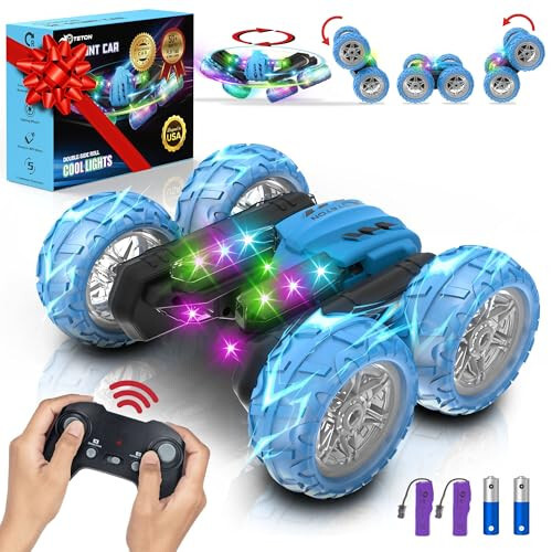 RC Stunt Car Double Sided roll, 360°Rotating Teton Remote Control Car-LED Headlights and New Colourful Light Wheels, All Terrain 4WD, Rechargeable Toy Cars for 6-12 Year Boys Girls Birthday Gift - 1