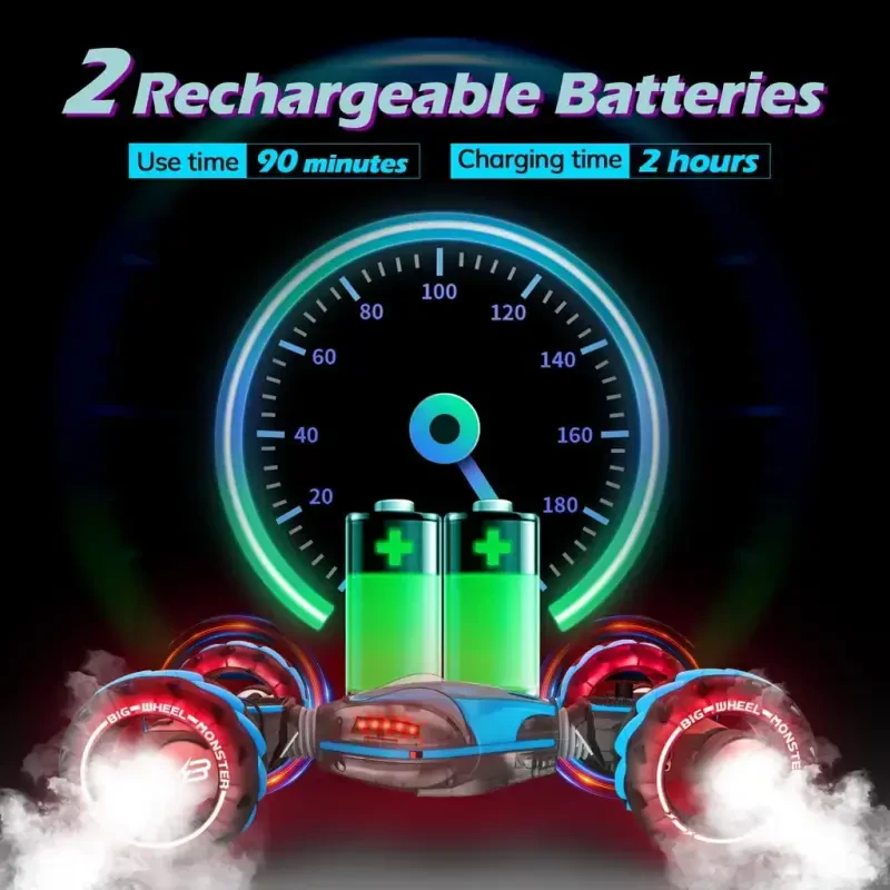 RC Stunt Car Monster Snake, Keenstone 1:10 Spray Giant Wheel Remote Control Toy Truck Car with High-Speed Climbing and Colorful Gradient Lights with Music, Blue - 8