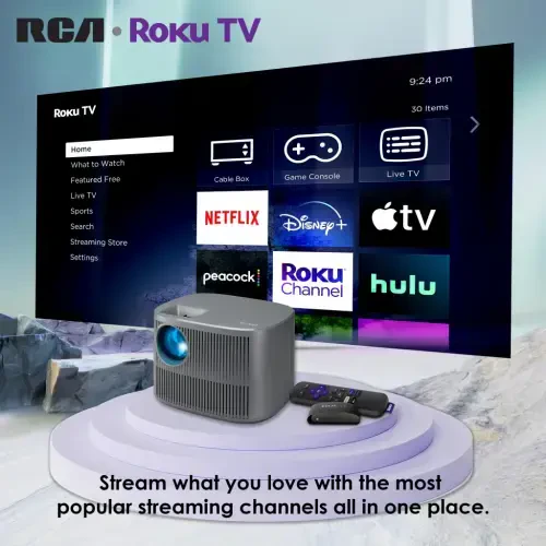 RCA 720P HD ROKU Smart Home Theater Projectori, ROKU express Streaming bilan, 150 ANSI, RPJ185, Qora - 1