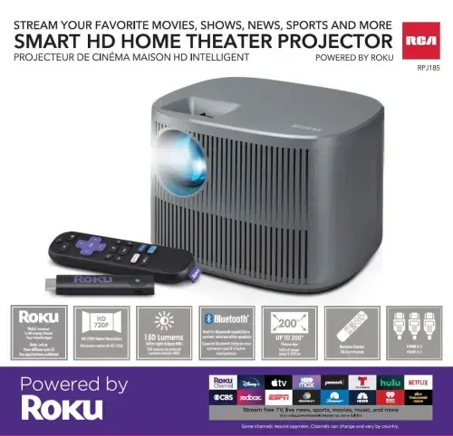 RCA 720P HD ROKU Smart Home Theater Projectori, ROKU express Streaming bilan, 150 ANSI, RPJ185, Qora - 17