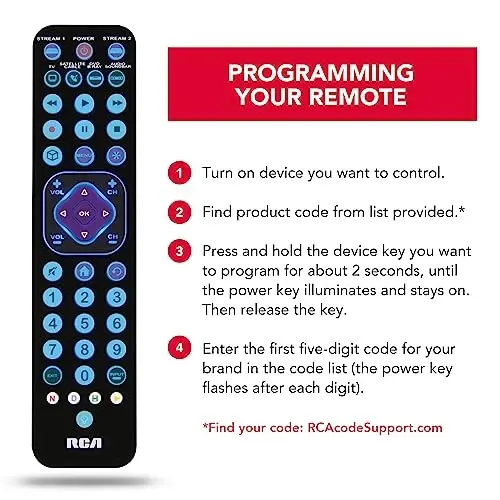 RCA Universal qayta zaryadlanuvchi 6 qurilmali oqimli masofadan boshqarish pulti – TV, audio, soundbar, oqimli qurilmalar uchun, ultra-ingichka, qayta zaryadlanuvchi, tezkor kirish tugmalari - 6