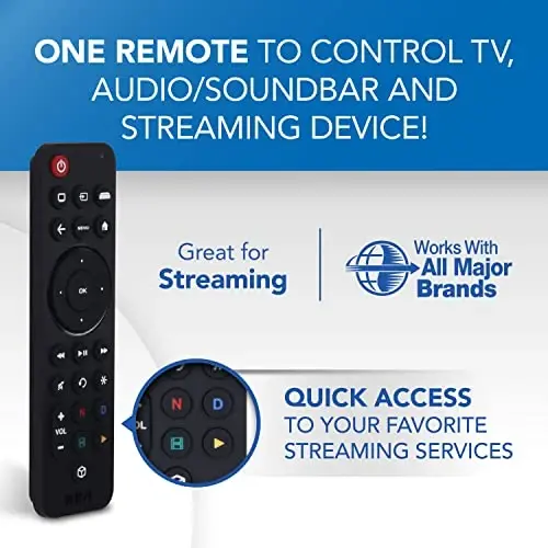 RCA Universal Rechargeable 3-Device Streaming Remote Control – for TV, Audio, Soundbar, Streaming Devices, Ultra-Slim, Rechargeable, Quick Access Keys - 5