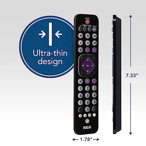 RCA Universal Rechargeable 4-Device Streaming Remote Control – for TV, Audio, Soundbar, Streaming Devices, Ultra-Slim, Rechargeable, Quick Access Keys - 4