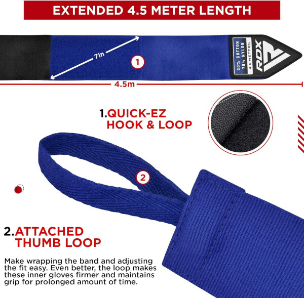 RDX Boks El Sargısı İç Eldivenleri, 4.5 Metre 180 İnç Elastik Başparmak Döngü Bandajları, İç Eldivenler Bilek El Koruması, Muay Thai MMA Kickboks Dövüş Sanatları, Kum Torbası Hız Topu Antrenmanı - 6