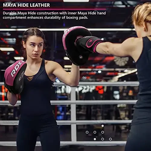RDX Boxing Pads Focus Mitts, Maya Hide Leather Curved Hook and Jab Target Hand Pads, Great for MMA, Kickboxing, Martial Arts, Muay Thai, Karate Training, Padded Punching, Coaching Strike Shield - 3