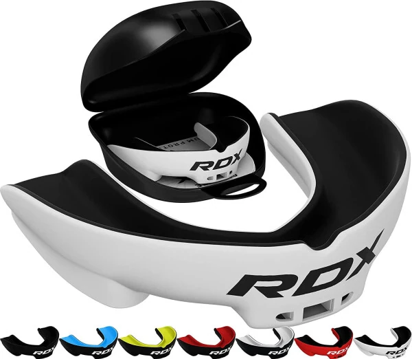 RDX Gum Shield Boxing MMA Mouth Guard Kickboxing Mouthpiece, Mouthguard Jaw Protector with Case, Muay Thai Martial Arts Rugby Hockey Football Judo Karate Soccer Contact Sports-WHITE/BLACK - RDX