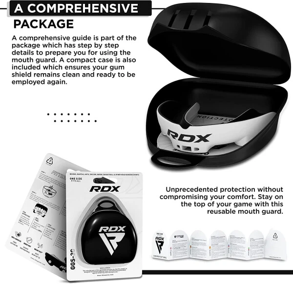 RDX Gum Shield Boxing MMA Mouth Guard Kickboxing Mouthpiece, Mouthguard Jaw Protector with Case, Muay Thai Martial Arts Rugby Hockey Football Judo Karate Soccer Contact Sports-WHITE/BLACK - 6