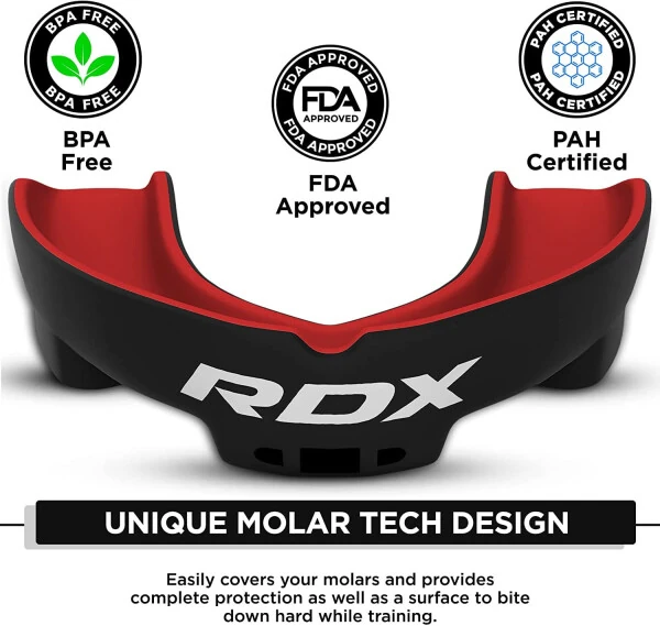 RDX Gum Shield Boxing MMA Mouth Guard Kickboxing Mouthpiece, Mouthguard Jaw Protector with Case, Muay Thai Martial Arts Rugby Hockey Football Judo Karate Soccer Contact Sports-RED/BLACK - RDX