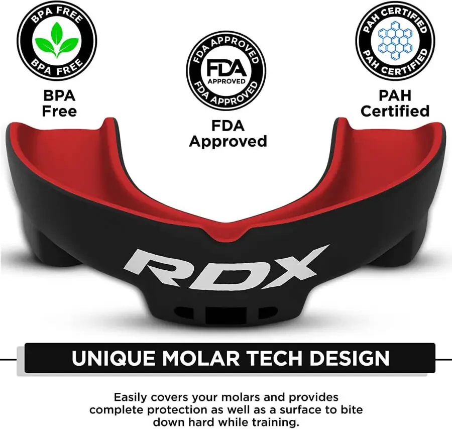 RDX Gum Shield Boxing MMA Mouth Guard Kickboxing Mouthpiece, Mouthguard Jaw Protector with Case, Muay Thai Martial Arts Rugby Hockey Football Judo Karate Soccer Contact Sports-RED/BLACK - 1