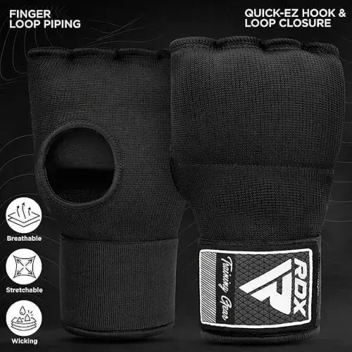 RDX Gel Boxing Hand Wraps Inner Gloves Men Women, Quick 100cm Long Wrist Straps, Elasticated Padded Fist Under Mitts Protection, Muay Thai MMA Kickboxing Martial Arts-BLACK - 4
