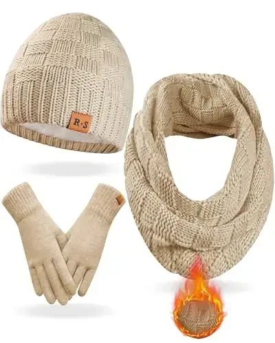 REACH STAR Ayollar uchun qishki iliq shlyapa, sensorli qo'lqop va sharf to'plami. Yumshoq astarli 3 ta buyumdan iborat to'plam. Sovuq havoda. - Modazone