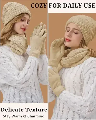 REACH STAR Ayollar uchun qishki iliq shlyapa, sensorli qo'lqop va sharf to'plami. Yumshoq astarli 3 ta buyumdan iborat to'plam. Sovuq havoda. - 4