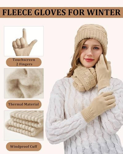 REACH STAR Womens Winter Warm Beanie Hat Touchscreen Gloves Scarf Set with Soft Lined 3 In 1 Set for Cold Weather - 3