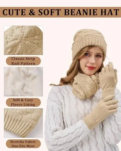 REACH STAR Women's Winter Warm Beanie Hat Touchscreen Gloves Scarf Set with Soft Lined 3-in-1 Set for Cold Weather - 2