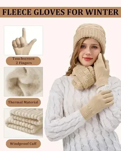 REACH STAR Women's Winter Warm Beanie Hat Touchscreen Gloves Scarf Set with Soft Lined 3-in-1 Set for Cold Weather - 3