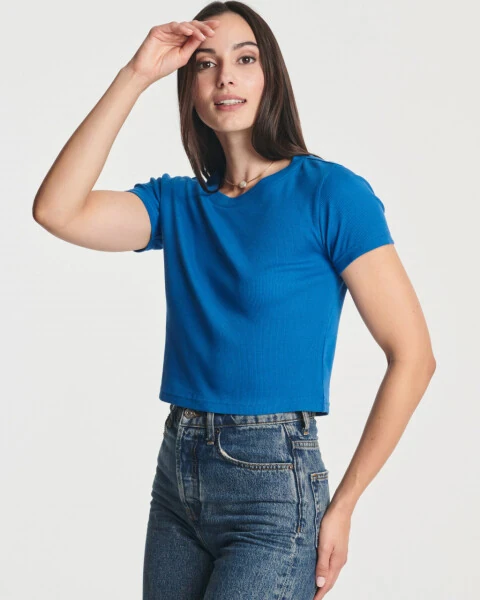 Real Essentials 4-Pack: Women's Short Sleeve Ribbed Knit Cotton Crew Neck Crop Top T-Shirt - (Available in Plus) - 2