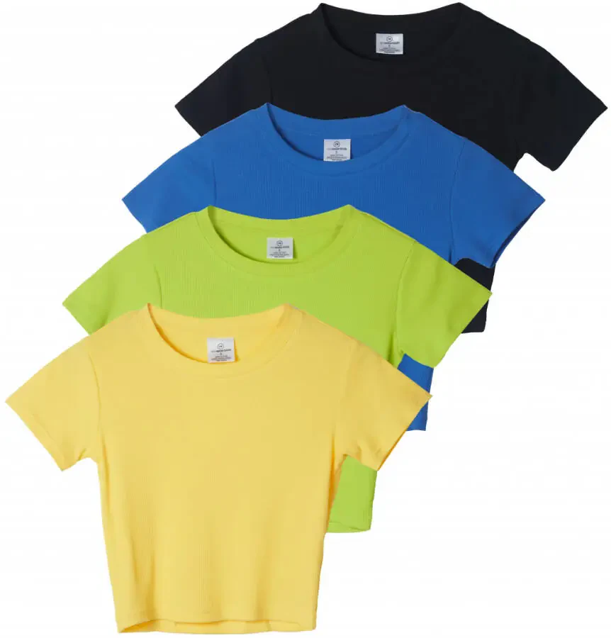 Real Essentials 4-Pack: Women's Short Sleeve Ribbed Knit Cotton Crew Neck Crop Top T-Shirt - (Available in Plus) - 1