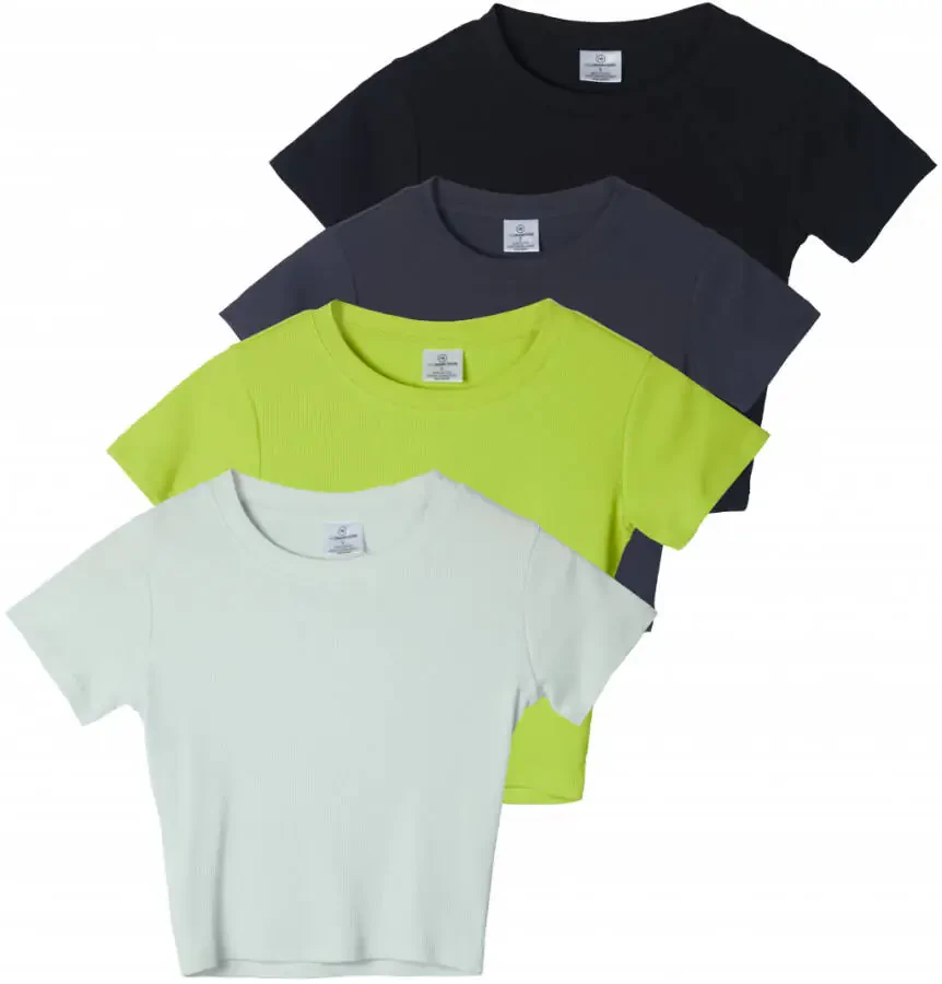 Real Essentials 4-Pack: Women's Short Sleeve Ribbed Knit Cotton Crew Neck Crop Top T-Shirt - (Available in Plus) - 1