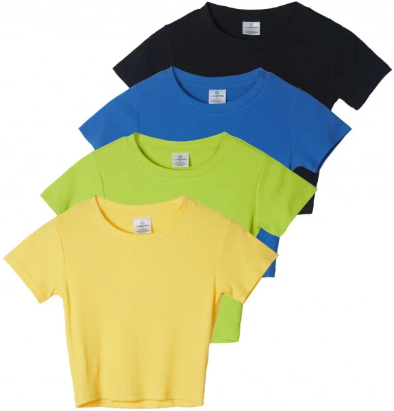 Real Essentials 4-Pack: Women's Short Sleeve Ribbed Knit Cotton Crew Neck Crop Top T-Shirt - (Available in Plus) - Modazone