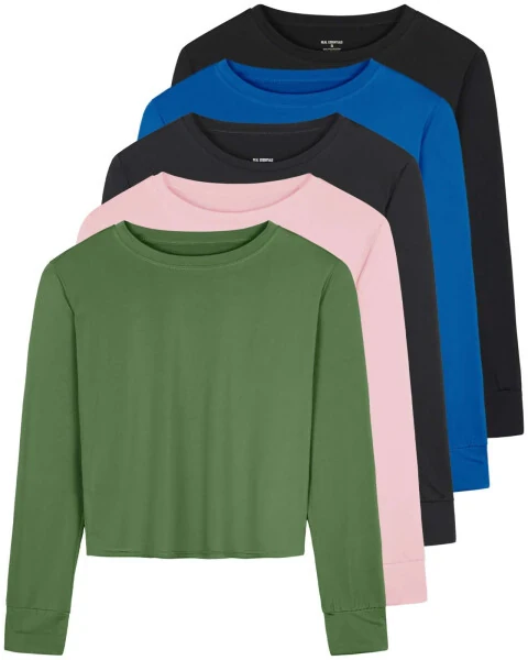 Real Essentials 5 Pack: Women's Dry Fit Crop Top - Long Sleeve Crew Neck Stretch Athletic Tee (Plus Size mavjud) - 7