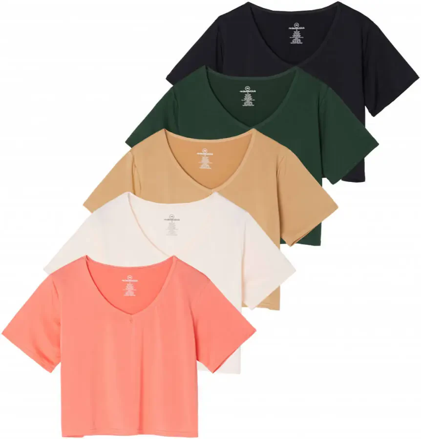 Real Essentials 5 Pack: Women's Dry-Fit Short Sleeve V-Neck Crop Top Boxy Athletic Tee - 1