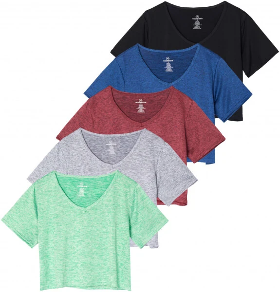 Real Essentials 5 Pack: Women's Dry-Fit Short Sleeve V-Neck Crop Top Boxy Athletic Tee - Modazone