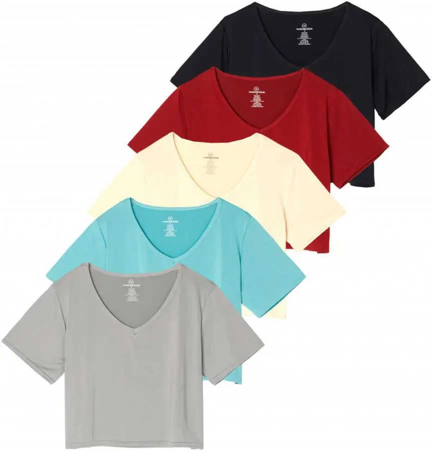 Real Essentials 5 Pack: Women's Dry-Fit Short Sleeve V-Neck Crop Top Boxy Athletic Tee - 1