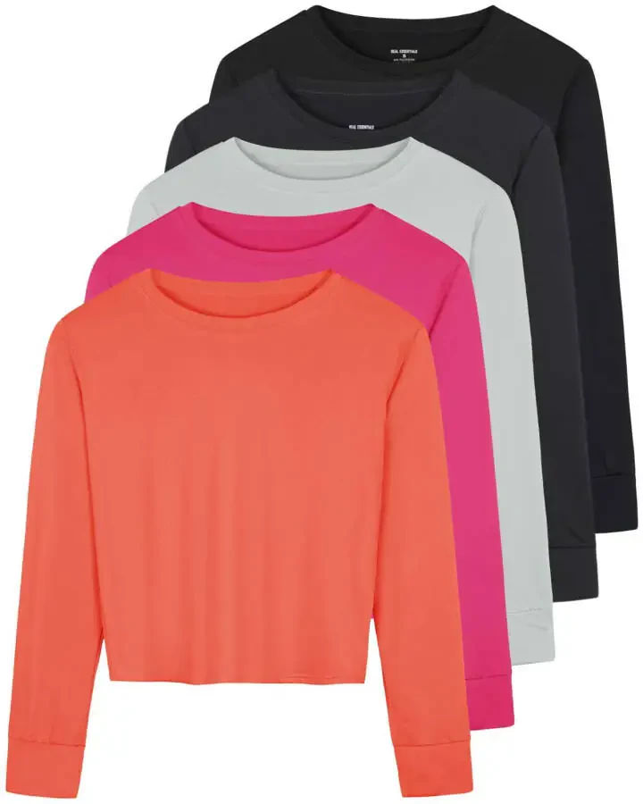 Real Essentials 5 Pack: Women's Dry Fit Crop Top - Long Sleeve Crew Neck Stretch Athletic Tee (Available in Plus Size)- - 7