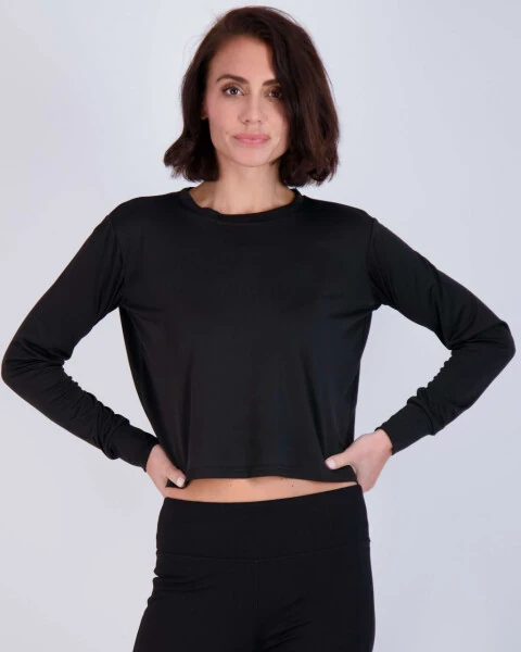 Real Essentials 5 to'plami: Ayollar uchun Dry Fit Crop Top - Uzun yengli yumaloq bo'yinli cho'ziluvchan atletika futbolkasi (Plus Size mavjud) - 3