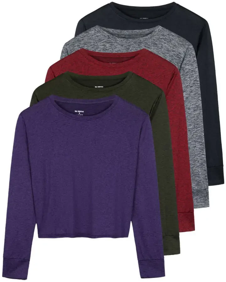 Real Essentials 5 Pack: Women's Dry Fit Crop Top - Long Sleeve Crew Neck Stretch Athletic Tee (Available in Plus Size)- - 7