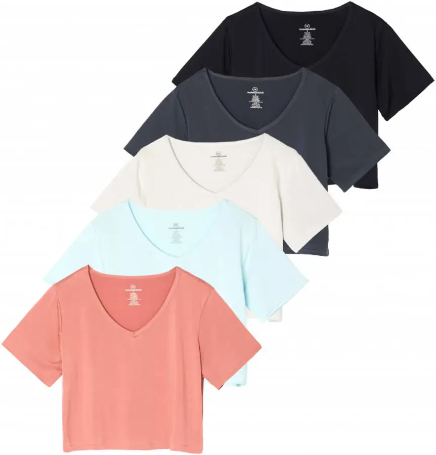 Real Essentials 5 Pack: Women's Dry-Fit Short Sleeve V-Neck Crop Top Boxy Athletic Tee - 1