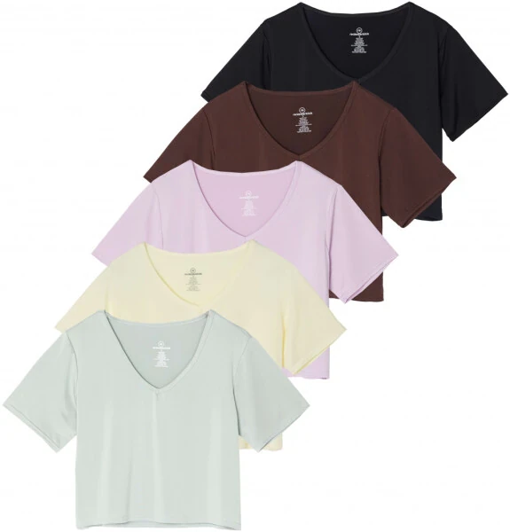 Real Essentials 5 Pack: Women's Dry-Fit Short Sleeve V-Neck Crop Top Boxy Athletic Tee- - REAL ESSENTIALS